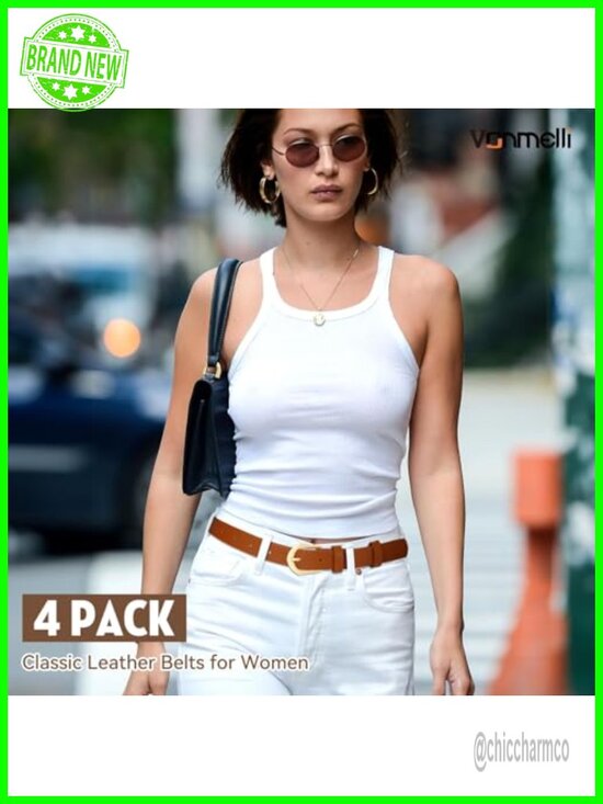 4 Pack Womens Thin Faux Leather Belt Skinny Waist Belts with Gold Buckle